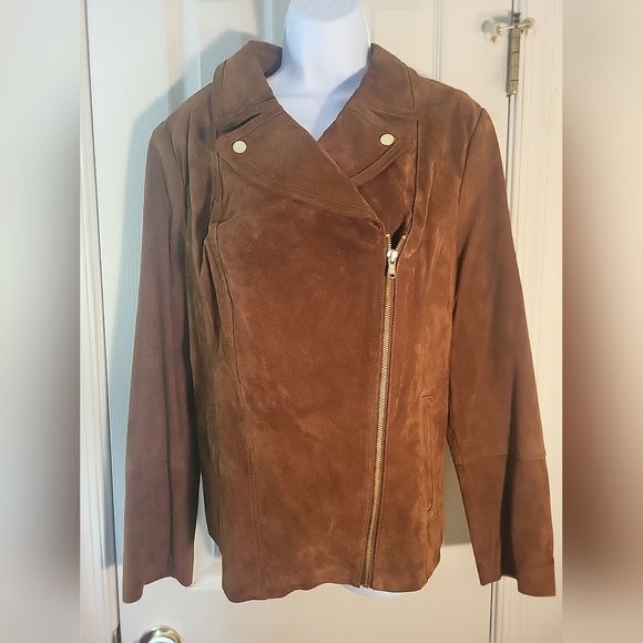 Isaac Mizrahi Brown Suede Moto Zip Jacket NWOT Size 16 - Picture 6 of 8